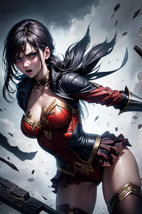 Death evil rot zombie girl superhero wonder woman, Combat stance, Very detailed, Vicious look, threaten, bloody, Bloodthirst, Torn clothes, Ragged Clothing, Vibrant look, creative act, Extremely detailed, full of imagination, , spontaneous, best quality, T...