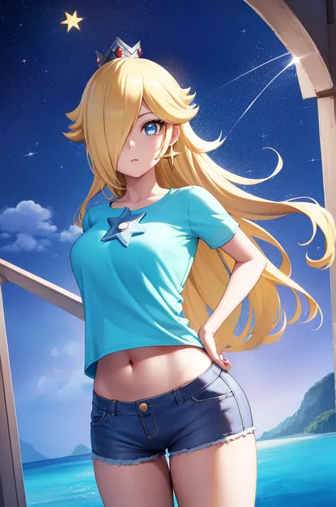 Rosalina, Rosalina, Blonde hair, blue eyes, hair over one eye, long hair, micro shorts, baseball shorts, blouse with star design, belly showing, crown, earrings, jewelry, princess, star earrings, BREAK night , night sky, sky , star (sky), star (symbol), sp...