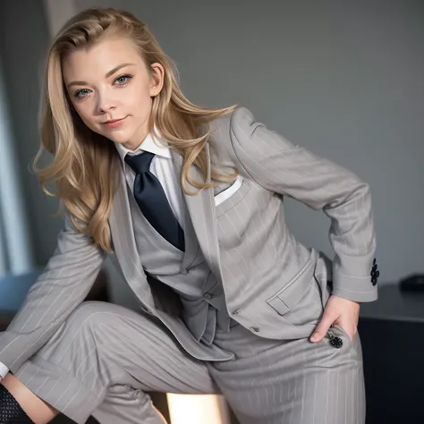 masterpiece, ,(Solitary:1.1), Natalie Dormer, Perfect face, (Bright Lights:1.2),Beautiful and delicate eyes, close up, Extremely detailed face, Perfect lighting,masterpiece, best quality, ((Mature women)), , 1 female, (((Light Grey Pinstripe Skirt Suit))),...