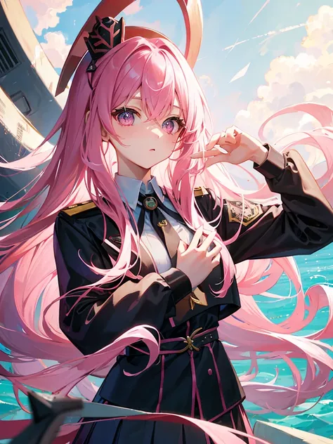 Pink hair long hair，beautiful girl，18-year-old，uniform,Skirt Suit，cute,In front of the giant anchor sculpture