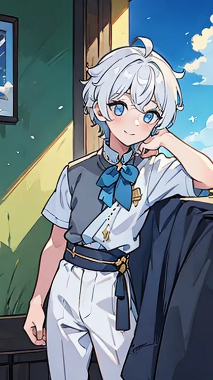 (1 boy:1.2), (solo:1.2), white hair,  messy hair, masterpiece, grey eyes, cute prince clothes, male focus, male body features, sleeping, （Best quality at best），1boy，short detailed hair, shy character，timid character, weak posture, (bending forward, insecur...