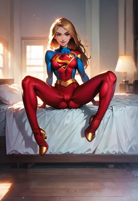 score_9, score_8_up, score_7_up, score_6_up, score_5_up, (high quality, detailed, beautiful), detailed soft lighting, rating_explicit, 1girl, Kim Possible, orange-red hair, resting on her bed, looking sexy, beautiful eyes, open eyes, smiling, (Supergirl su...