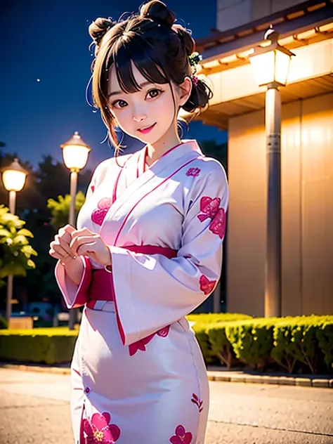 high resolution, highest quality,hakata yukata、the yukata was cut in half、smiling girl、embarrassing、deserted park at night、