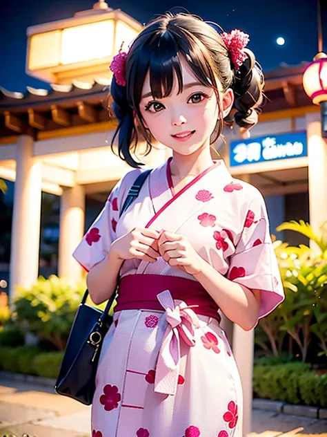 high resolution, highest quality,hakata yukata、the yukata was cut in half、smiling girl、embarrassing、deserted park at night、