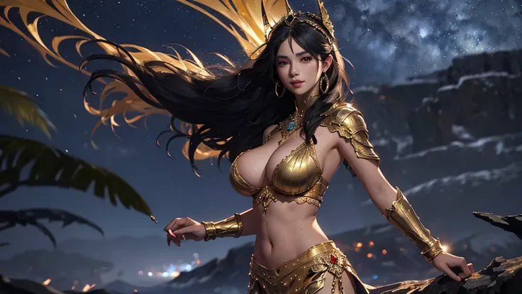 A woman in a golden transparent dress,View Viewer,(((Huge breasts, University of Kili))),Slim waist,(Navel exposed,Bare waist), long hair, extreme detailed details,High-end real station, Heavy rain scene, Detailed fantasy art, Stunning character art, Beaut...