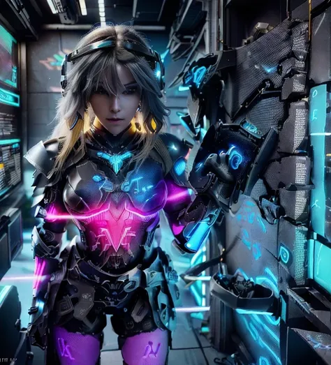 (photorealistic:1.4) 1 beautiful girl, (((cyberpunk grey armour technological with blue neon decourations))), ((blonde straight ...