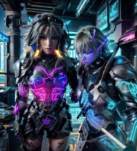 (photorealistic:1.4) 1 beautiful girl, (((cyberpunk grey armour technological with blue neon decourations))), ((blonde straight ...