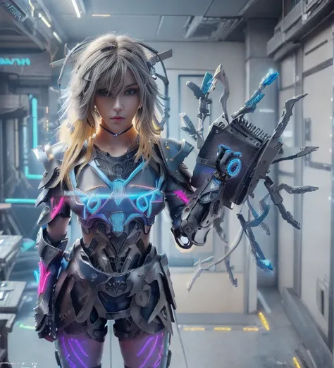 (photorealistic:1.4) 1 beautiful girl, (((cyberpunk grey armour technological with blue neon decourations))), ((blonde straight ...