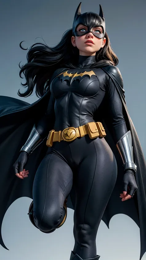 8K, Ultra HD, super details, high quality, high resolution. The heroine Batgirl looks beautiful in a full-length photo, her body is sculptural, her long black wavy hair is radiant in a perfect combination with her white skin, her bright blue eyes mesmerize...