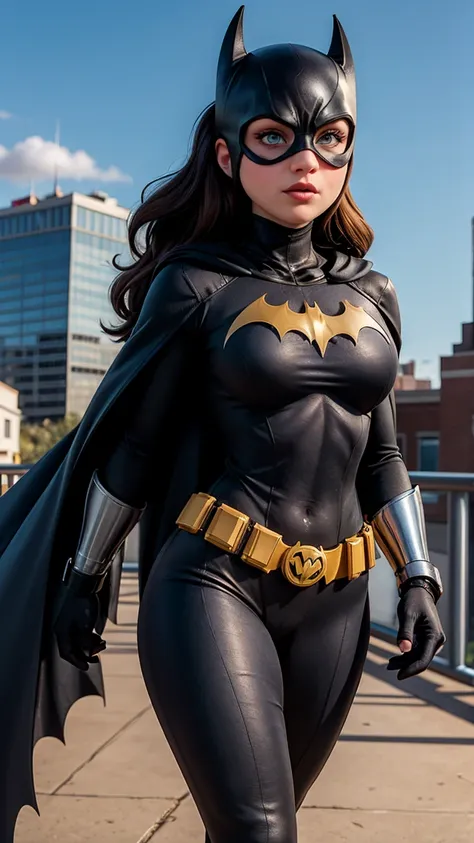 8k, ultra hd, super details, high quality, high resolution. the heroine batgirl looks beautiful in a full-length photo, her body...