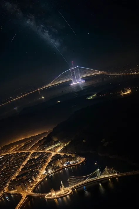 "A futuristic metropolis floats majestically among stars and planets, its towering, advanced-design buildings are connected by luminous bridges that shine brightly. A cidade, suspended in vast space, irradia uma luz pulsante, with flying vehicles gliding s...