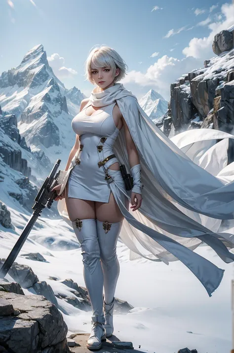 Perfect face, cute girl, big breasts, white short hair, white assassin outfit, white scarf, weapons, mountain top, full body 