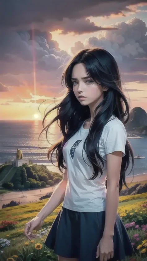 1 girl with very tousled shaggy long dark hair, sketch,  anime key visual,  landscape of ultra-realistic brutal color field and Christ the Redeemer, At noon, sketch, Islandpunk, moody lighting, oversaturated, overlapping compositions