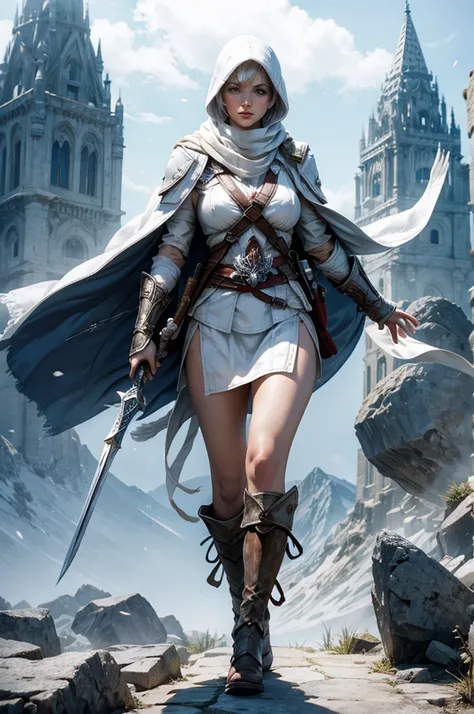 Perfect face, cute girl, big breasts, white short hair, white assassins creed outfit, white scarf, weapons, mountain top, full body 