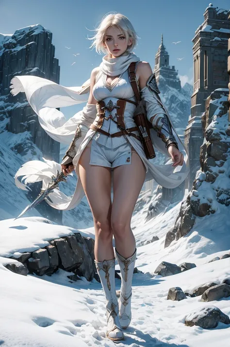 Perfect face, cute girl, big breasts, white short hair, white assassins creed outfit, white scarf, weapons, mountain top, full body 