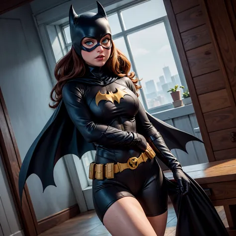 8k, ultra hd, super details, high quality, high resolution. the heroine batgirl looks beautiful in a full-length photo, her body...