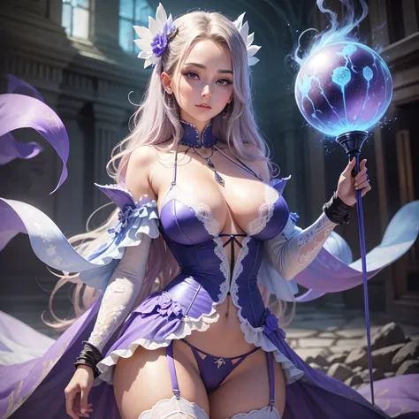 (better quality,ultra-detailed,Realistic:1.37)、Sorcière attaquante avec la magie du givre、; lingerie couleur vive, gros seins,porte jarretelle,Une jeune femme de 18 ans、(piercing eyes:1.5)、look agressif、elegant outfit、electric arcs dance around&#39;elle、ho...