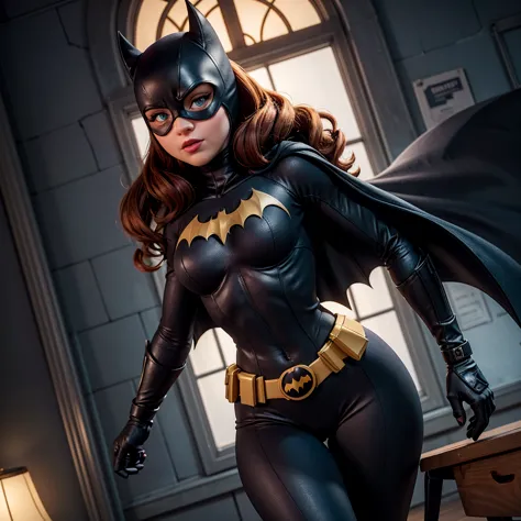 8k, ultra hd, super details, high quality, high resolution. the heroine batgirl looks beautiful in a full-length photo, her body...