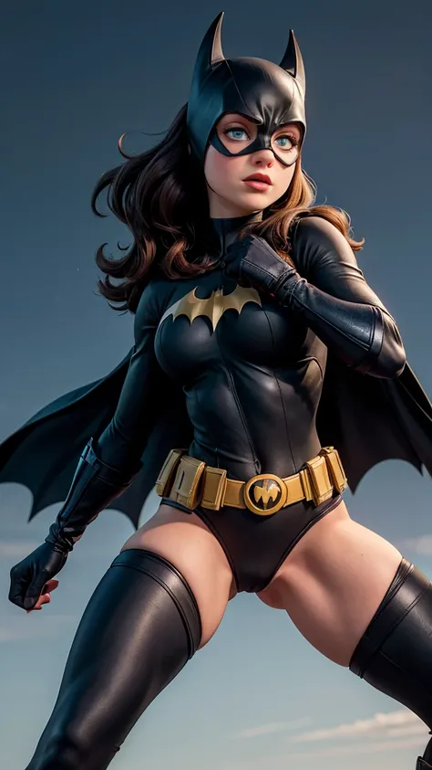 8K, Ultra HD, super details, high quality, high resolution. The heroine Batgirl looks beautiful in a full-length photo, her body is sculptural, her long black wavy hair is radiant in a perfect combination with her white skin, her bright blue eyes mesmerize...