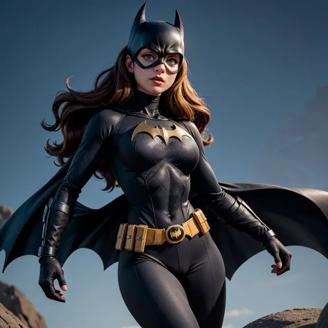 8K, Ultra HD, super details, high quality, high resolution. The heroine Batgirl looks beautiful in a full-length photo, her body is sculptural, her long black wavy hair is radiant in a perfect combination with her white skin, her bright blue eyes mesmerize...