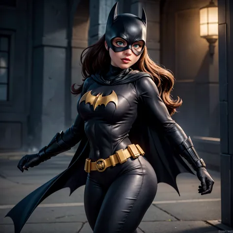 8k, ultra hd, super details, high quality, high resolution. the heroine batgirl looks beautiful in a full-length photo, her body...