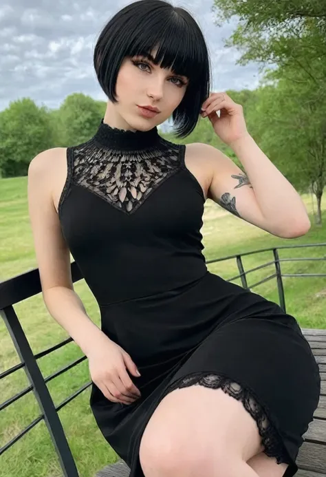 (Hotlexi woman), (best high quality:1.5), ((8k)), extremely detailed, (High details:1.4), Solo, 18 year old goth female, (short hair and bangs, sexy black dress),