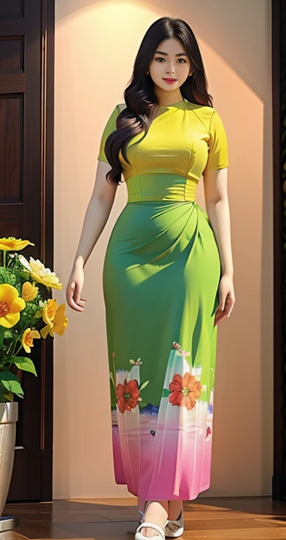 Burmese girl with attractive curvy full body.  Friends full-length bikini, (green dress) reflective long dress painted with flower patterns, only dress.  hi gh hips  High resolution  High resolution  natural background  High resolution  HD  3D,  8K cartoon...