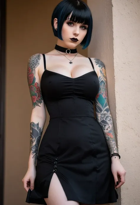 (Hotlexi woman), (best high quality:1.5), ((8k)), extremely detailed, (High details:1.4), Solo, 18 year old goth female, (She has several tattoos, short hair and bangs, sexy black dress), ((huge breasts:1.4)),