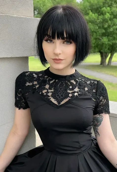 (Hotlexi woman), (best high quality:1.5), ((8k)), extremely detailed, (High details:1.4), Solo, 24 year old goth female, (short hair and bangs, sexy black dress),