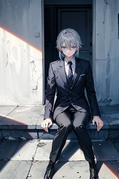 he is Meduim build, messy grey hair, blue eyes, expressive eyes,170 cm tall, wearining causal fomal clothes, dark blue tie, black pants and Black military boots. sitting, being interview