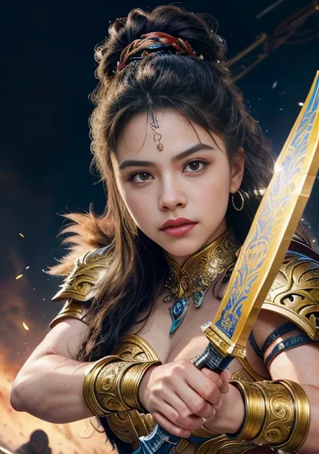 intricate detailed portrait of a female warrior, beautiful woman warrior, woman with fierce warrior outfit, woman holding a powerful weapon, highly detailed 8k, photorealistic, extremely detailed, hyper realistic, masterpiece, digital art, vibrant colors, ...