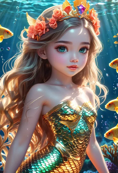 1girl, beautiful mermaid princess, elegant mermaid dress, coral crown, sparkling crown, golden fish tail, golden scales, deep oc...