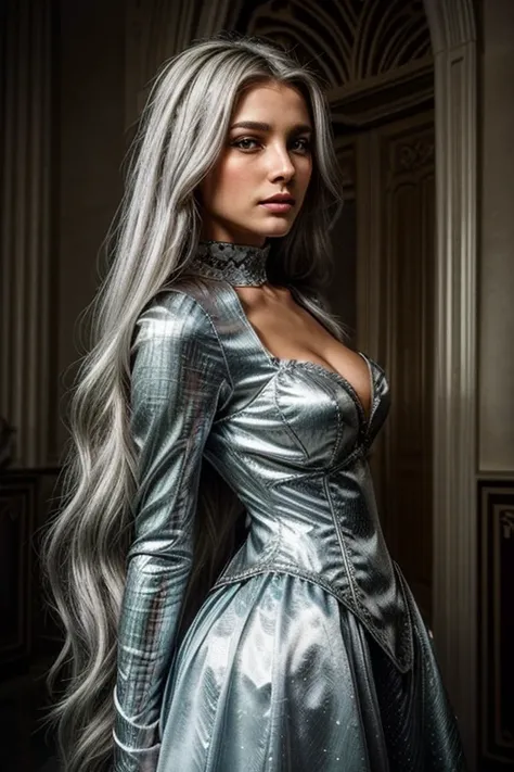 full view beautiful pretty woman costume d&#39;cyborg spider , descendant un escalier, costume araignée blanc et rouge , deep neckline, 
silhouette attrayante, yeux verts brillants, Long Flowing Silver Hair , visage clair, Realistic, détails nets proches d...