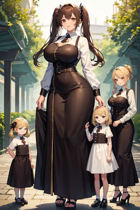 mother and daughters, standing, shortstack daughter, tall mother, wide hips, huge breasts, full body, mother with short brown hair , daughters with blonde twintails hairstyle, 