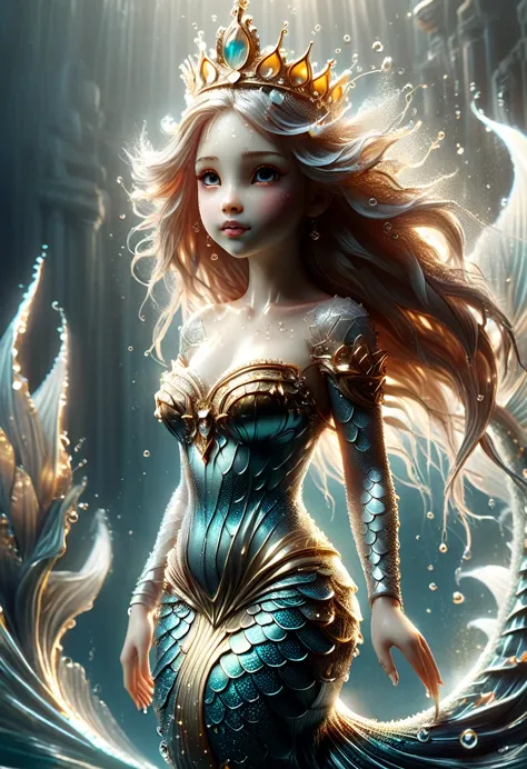 ((cuerpo entero, plano general:1.3)),1girl, beautiful mermaid princess, elegant mermaid dress, coral crown, sparkling crown, gol...