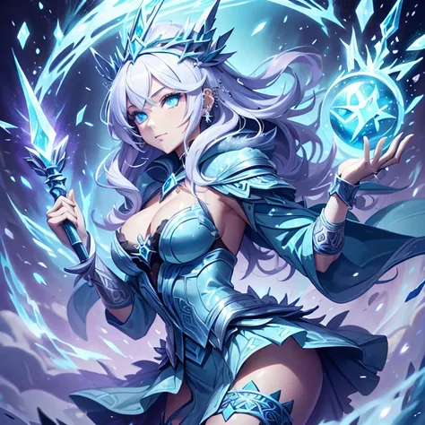 (better quality,ultra-detailed,Realistic:1.37)、1girl, she is using magic spell,IceMagicAI,she is using ice magic ;she is wearing very sexy outfit,small skirt,we see her lingerie colored, porte jarretelle,milf 30 years、(piercing eyes:1.5)、look agressif、eleg...