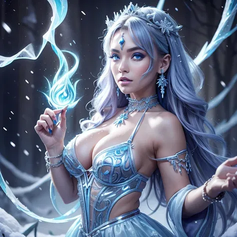 (better quality,ultra-detailed,Realistic:1.37)、1girl, she is using magic spell,IceMagicAI,she is using ice magic ;she is wearing very sexy outfit, lingerie colored, porte jarretelle,milf 30 years、(piercing eyes:1.5)、look agressif、elegant outfit、ice  magica...