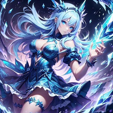 (better quality,ultra-detailed,Realistic:1.37)、1girl, she is using magic spell,IceMagicAI,she is using ice magic ;she is wearing very sexy outfit,small skirt,we see her lingerie colored, porte jarretelle,milf 30 years、(piercing eyes:1.5)、look agressif、eleg...