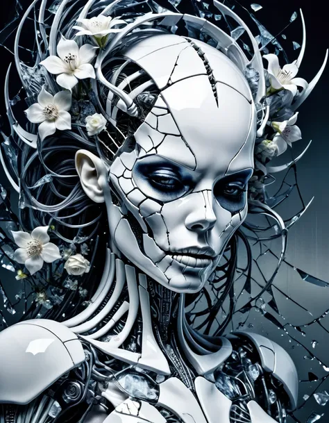 A portrait of a female broken android with a cracked porcelain face thats shattering into fragments, futuristic look,  close-up, skull,  shattered glass,  made of porcelain, broken, destroyed, abstract patterns,  white and light gray, head and shoulders po...