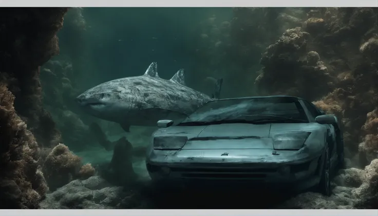 There&#39;s a sports car at the bottom of the ocean, surrounded by marine life. Light breaks through the water, creating mystical lighting. The car is partially covered with seaweed and coral, which emphasizes his prolonged stay under water. A variety of f...