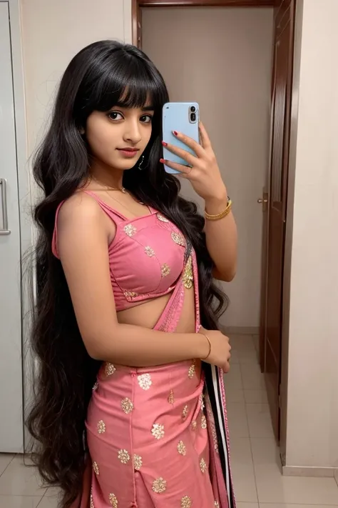 sanjana saba with big   ,perfect, bang hair hairstyle  , with an inocent look on her face,taking selfi