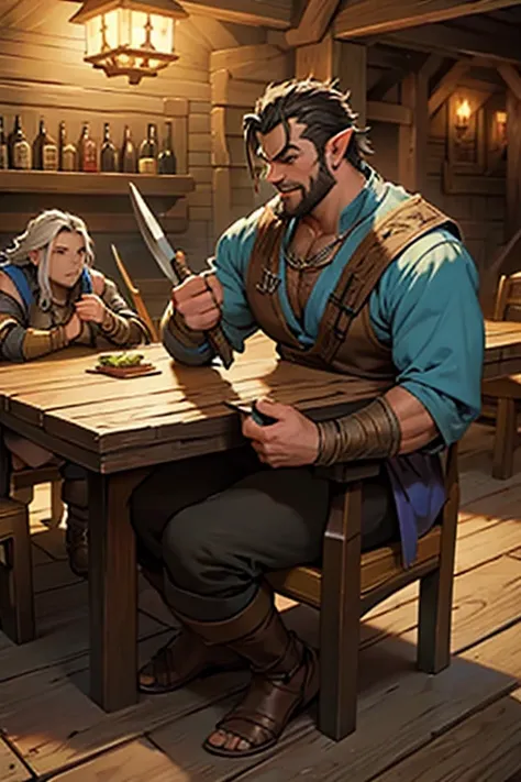 medieval fantasy tavern scenario, table, around the table sitting together there are, a dwarf warrior, a half-orc, with axe, a female human sorceress, a male human bard, a female human thief