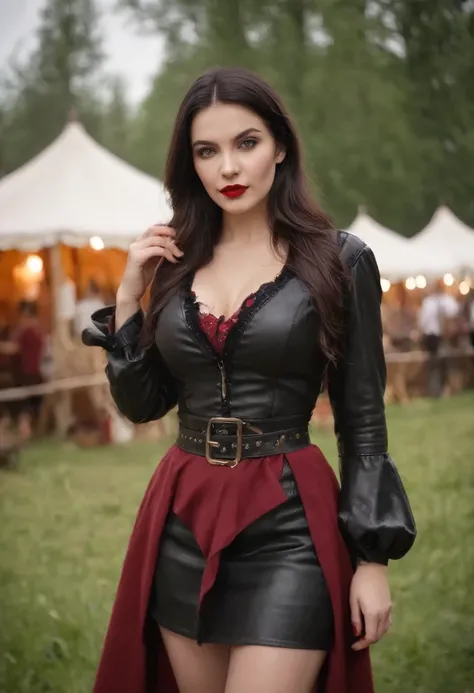 Busty, demure, 20 year old, black hair, russian, beautiful woman, mild red lipstick, red open front blouse, black leather micro skirt, black high heels, thigh boots, full body view, medieval fair, pirate costume, tavern wench, outside, medieval tents in ba...