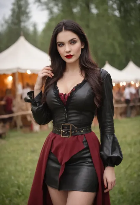 Busty, demure, 20 year old, black hair, russian, beautiful woman, mild red lipstick, red open front blouse, black leather micro skirt, black high heels, thigh boots, full body view, medieval fair, pirate costume, tavern wench, outside, medieval tents in ba...