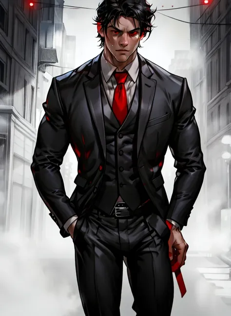 a handsome muscular man, black hair, red eyes, sweaty, wearing an opened black suit with grey tie, tight social pants with black...