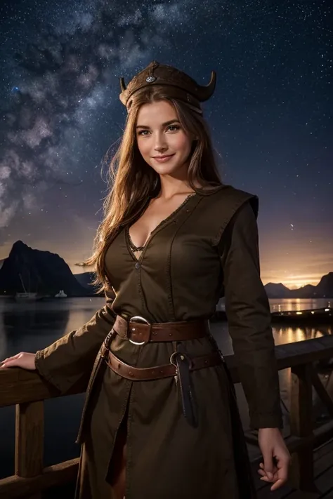 Jeune femme de 25 ans, visage fin, cheveux long, yeux marrons, HD, 8K, masterpiece, sourire romantique, sexy, tenue viking, tenue faite de peaux de bête et de métal, dans un fjord, village viking, de nuit, Milky Way