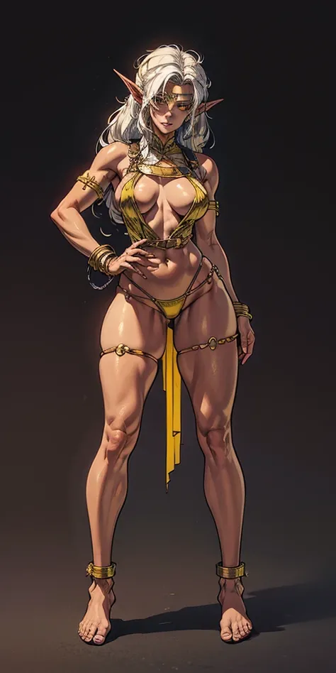 (Masterpiece, plain background:1.2) Female full body, standing straight symmetrical feet together, blood dark elf, dark skin, long messy white hair, short elf ears, circlet, yellow eyes, 1990s (style), female 1sologirl slingshot micro bikini, barefoot, bar...