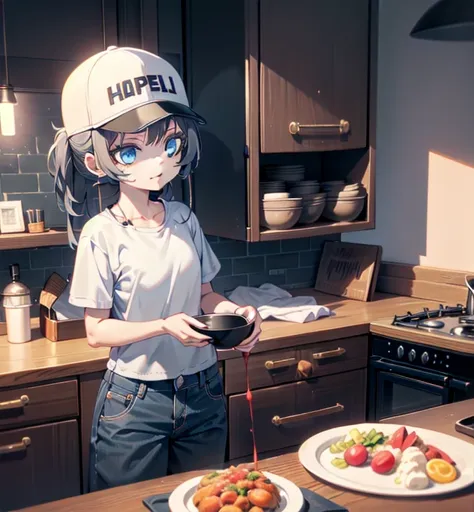 asop, asdef, casual, pants, baseball cap, eyewear on headwear, 
1girl, kitchen, cooking, happy