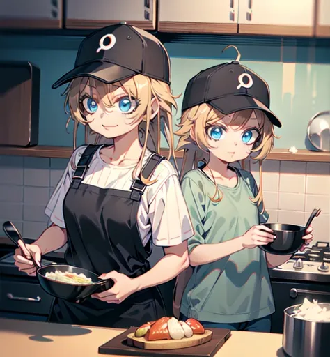 asop, asdef, casual, pants, baseball cap, eyewear on headwear, 
1girl, kitchen, cooking, happy