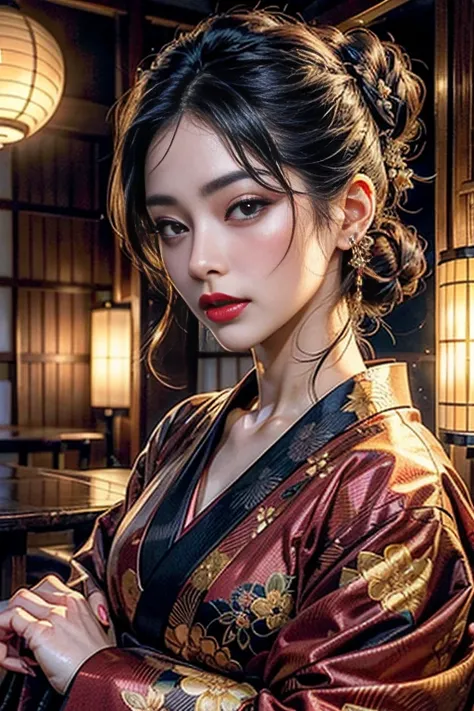 (8k, Official Art、CG)、Beautiful and aesthetic、Charm, Very detailed, (Beautiful proprietress of a Japanese inn:1.2)、(Delicate face、Detailed eyes and face、double eyelid、Red lips:1.1)、Mature adult woman、bewitching and sexy woman、Dark brown updo、kimono、Very de...